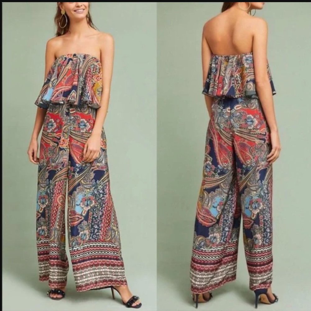 Anthropologie (Ranna Gill) Strapless Paisley Wide Leg Jumpsuit Size 6